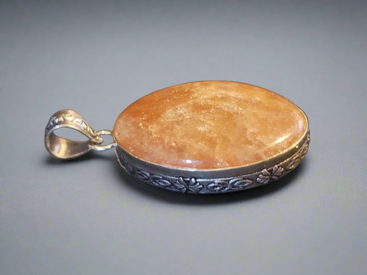 Orange Aventurine Oval in Sterling Silver Pendant