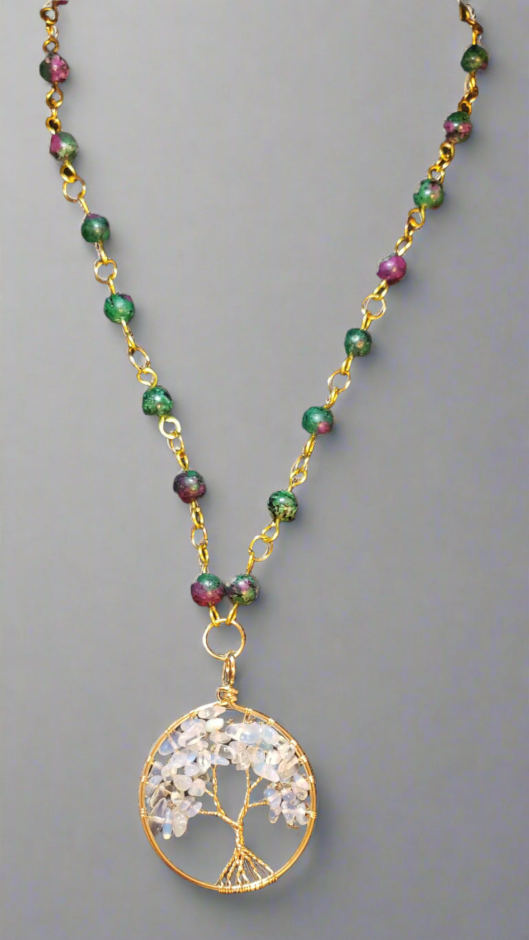Quartz Tree of Life Amulet on Anyolite Beaded Pendant
