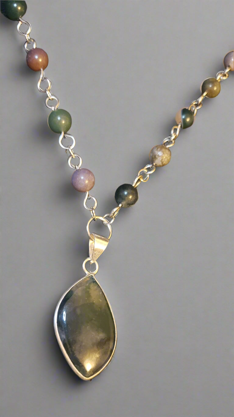 Moss Agate in Sterling Silver Pendant with Moss Agate Link Chain
