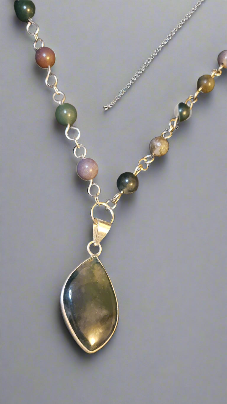Moss Agate in Sterling Silver Pendant with Moss Agate Link Chain