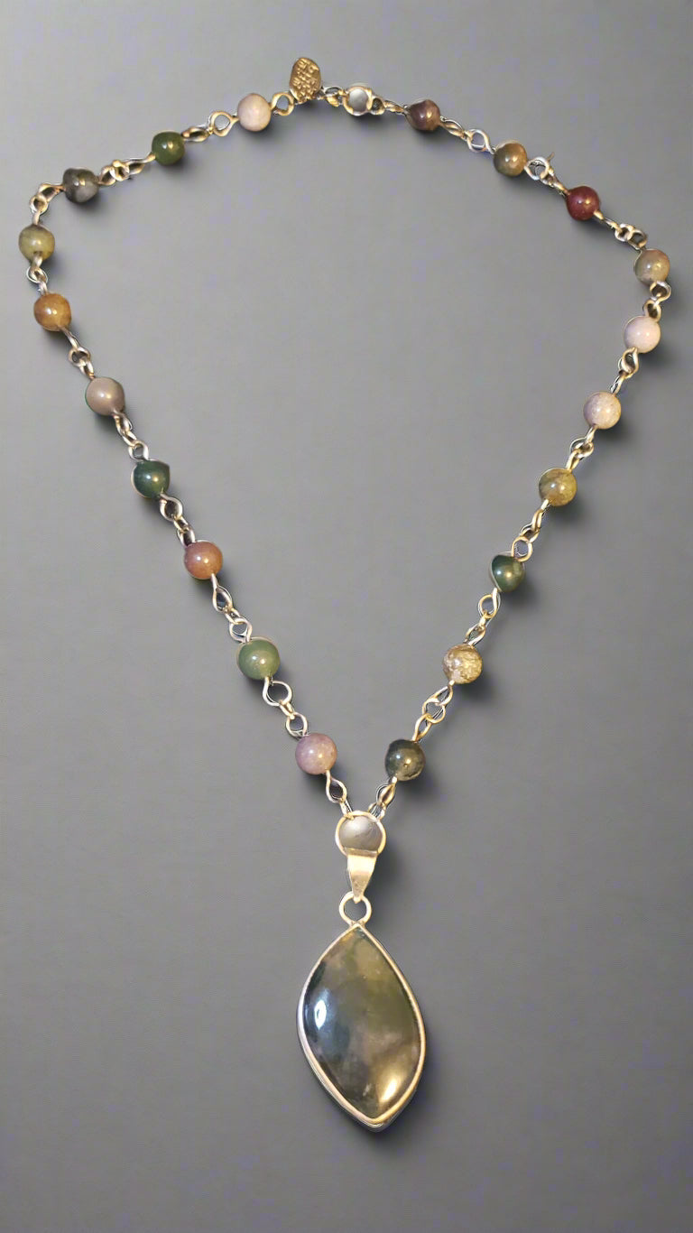 Moss Agate in Sterling Silver Pendant with Moss Agate Link Chain
