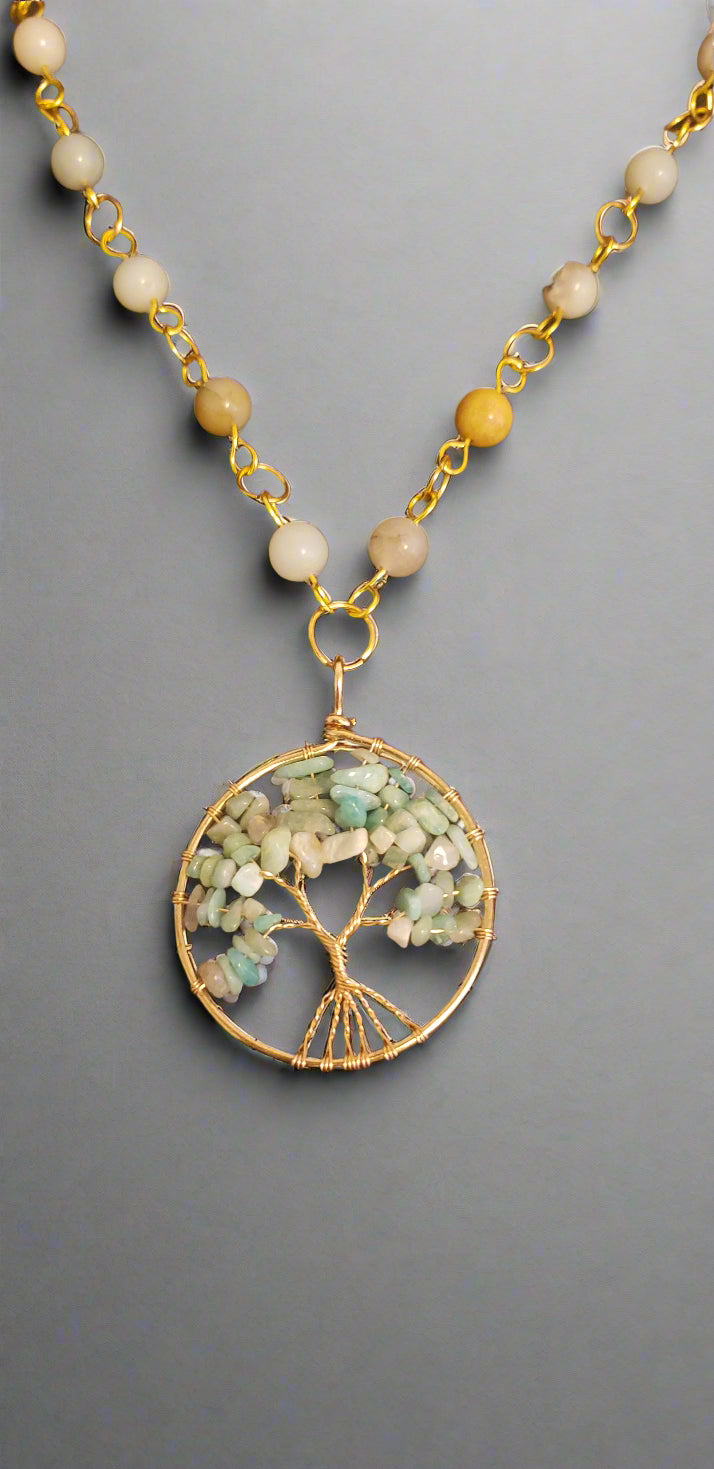Amazonite Wire Wrap Tree Amulet on Agate Link Necklace