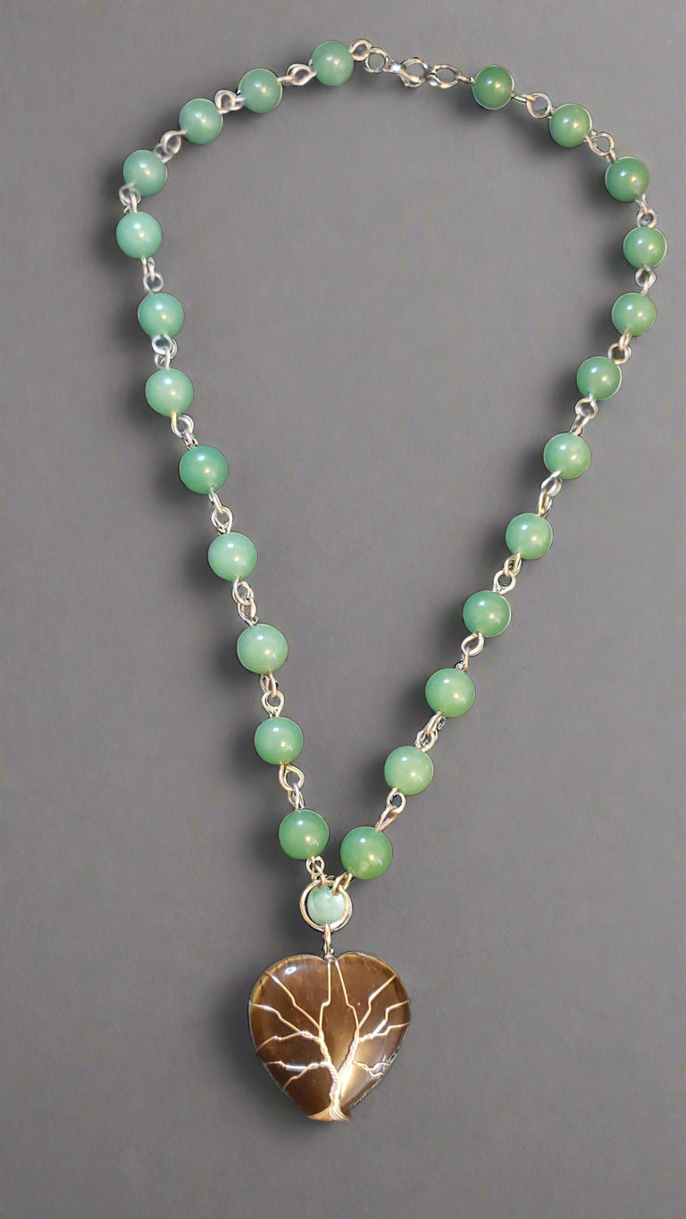 Tree of Life Wire Wrapped Tiger's Eye Heart on Aventurine Link Necklace