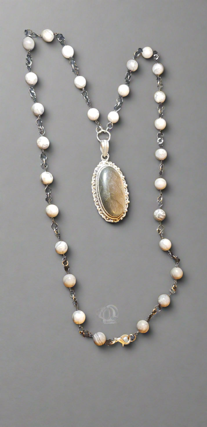 Labradorite in Sterling Silver Pendant with Grey Silk Agate Chain Necklace
