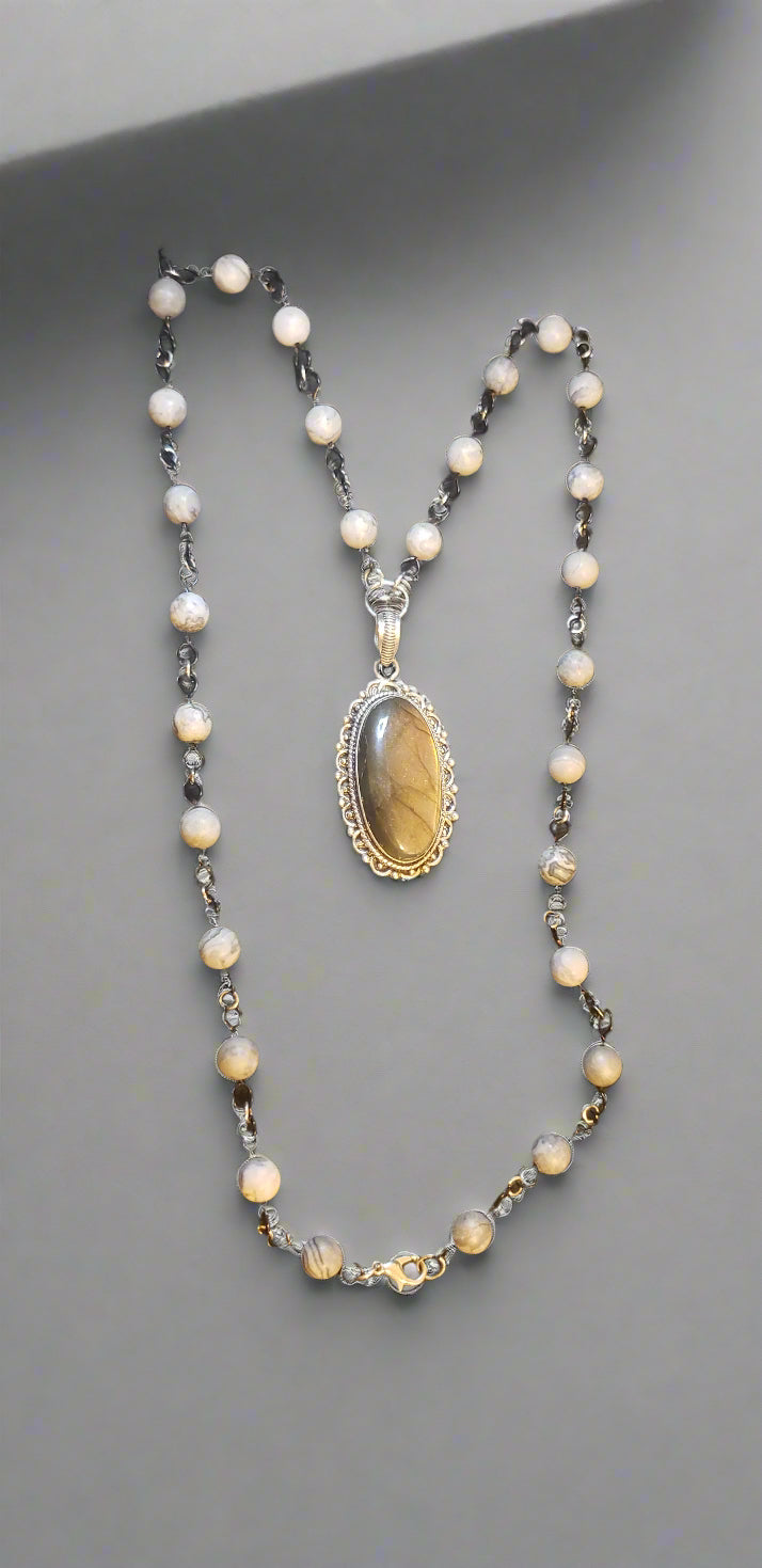 Labradorite in Sterling Silver Pendant with Grey Silk Agate Chain Necklace