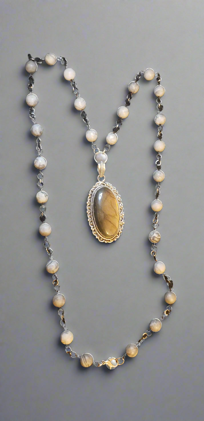 Labradorite in Sterling Silver Pendant with Grey Silk Agate Chain Necklace