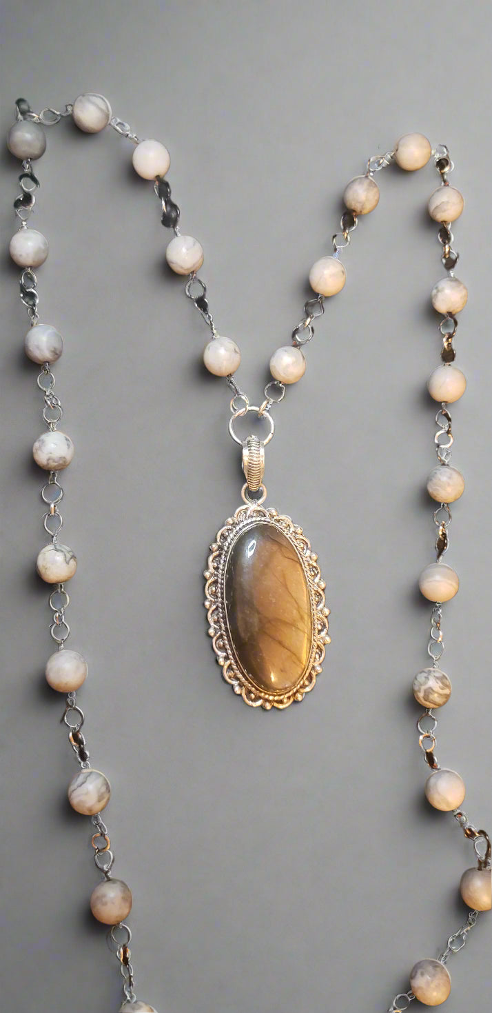 Labradorite in Sterling Silver Pendant with Grey Silk Agate Chain Necklace