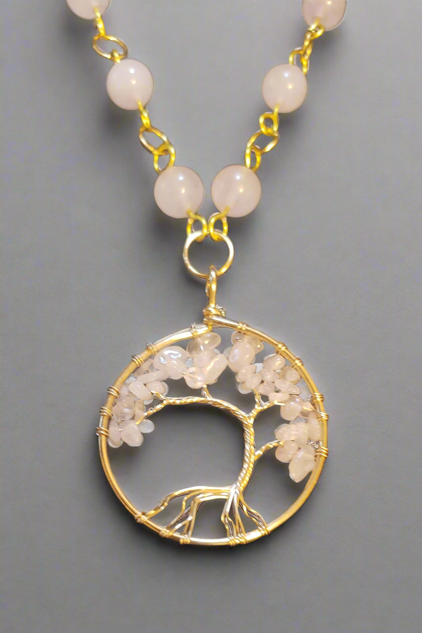 Rose Quartz Tree of Life Amulet on Rose Quartz Link Chain