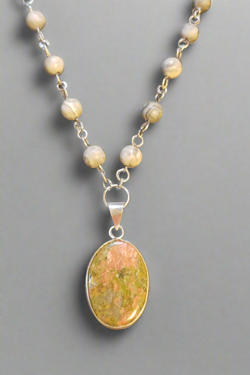 Unakite in Sterling Silver Pendant and Earrings Jewelry Set