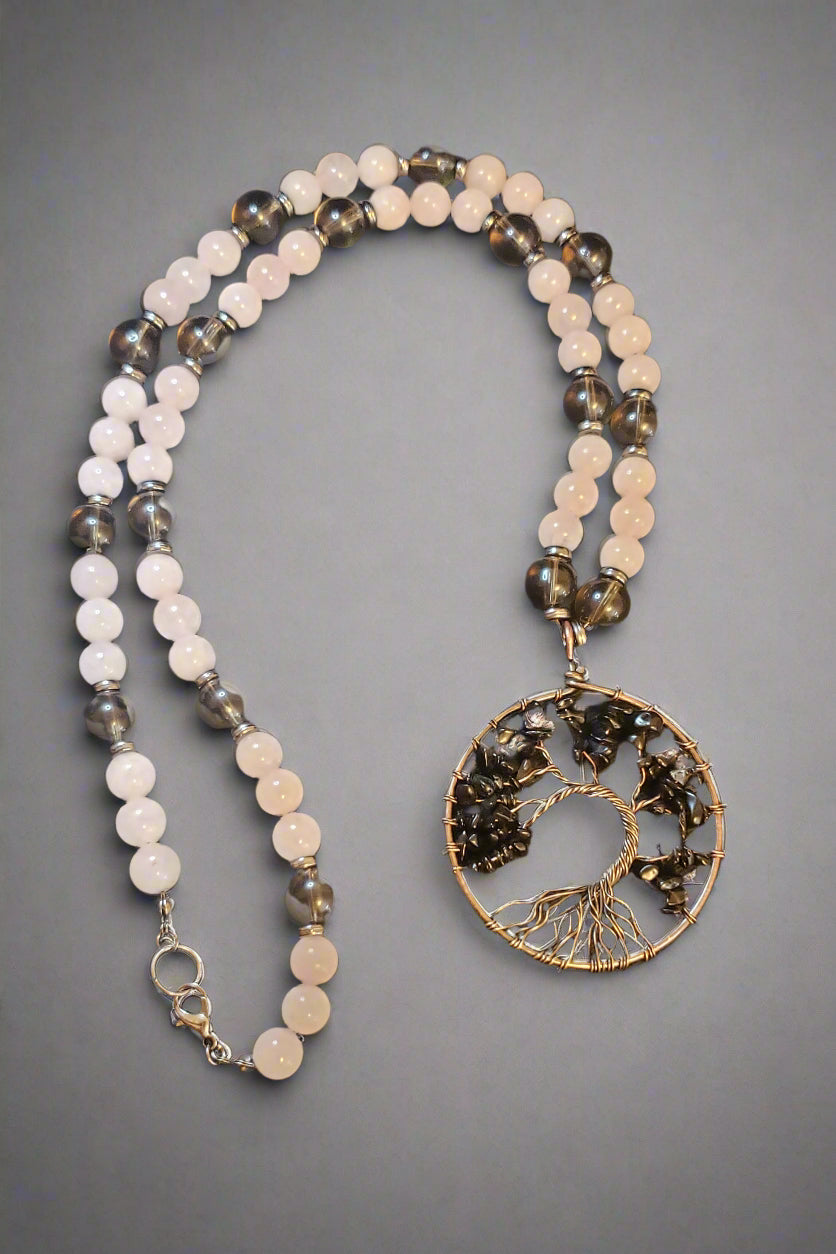 Obsidian Large Tree of Life Amulet on Rose Quartz and Smokey Quartz Necklace