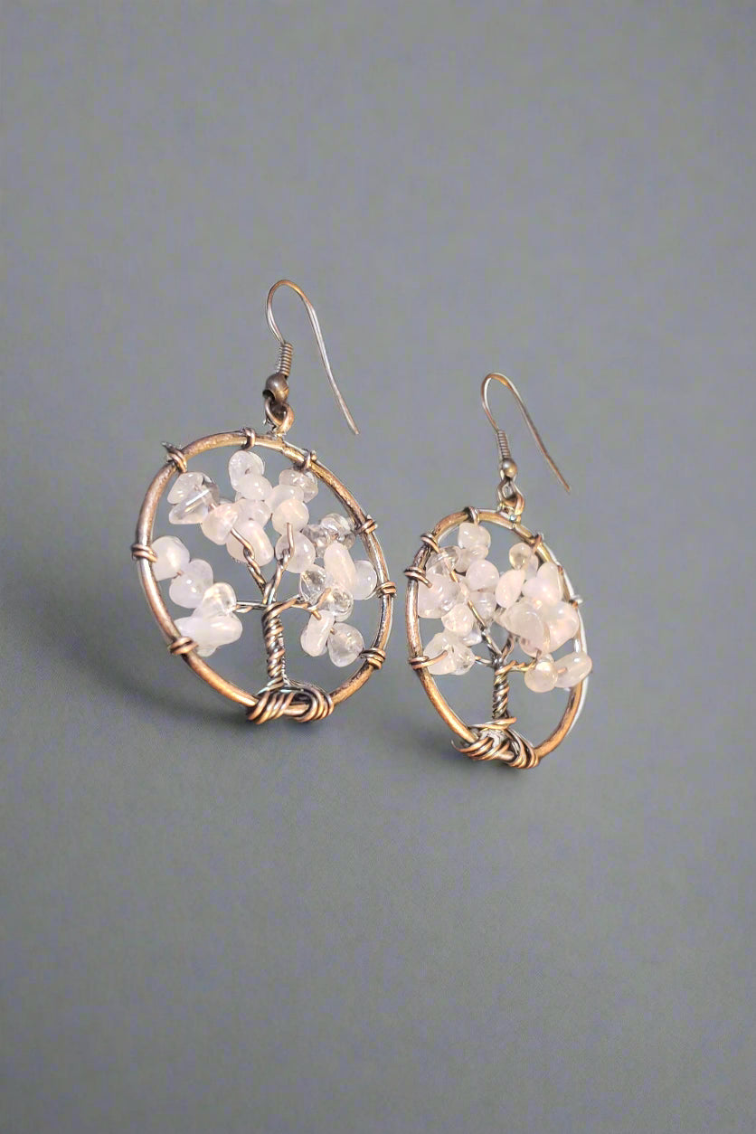 Rock Quartz Chip Copper Wire Wrap Amulet Earrings