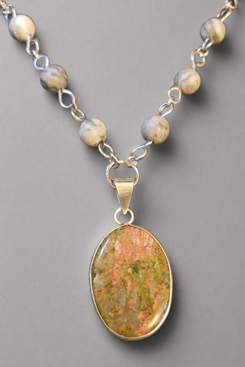 Unakite in Sterling Silver Pendant and Earrings Jewelry Set