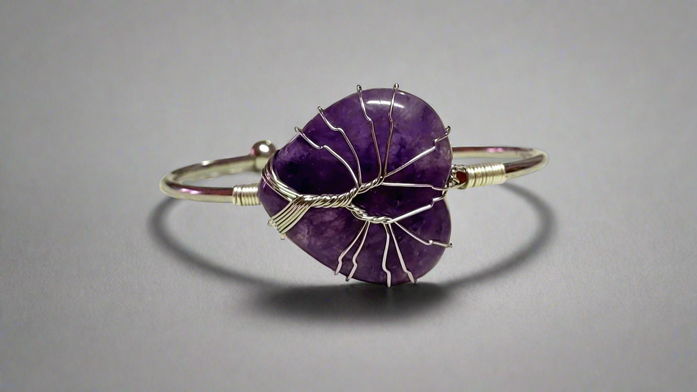 Silver Tree of Life Wire Wrapped Amethyst Heart Bangle Bracelet