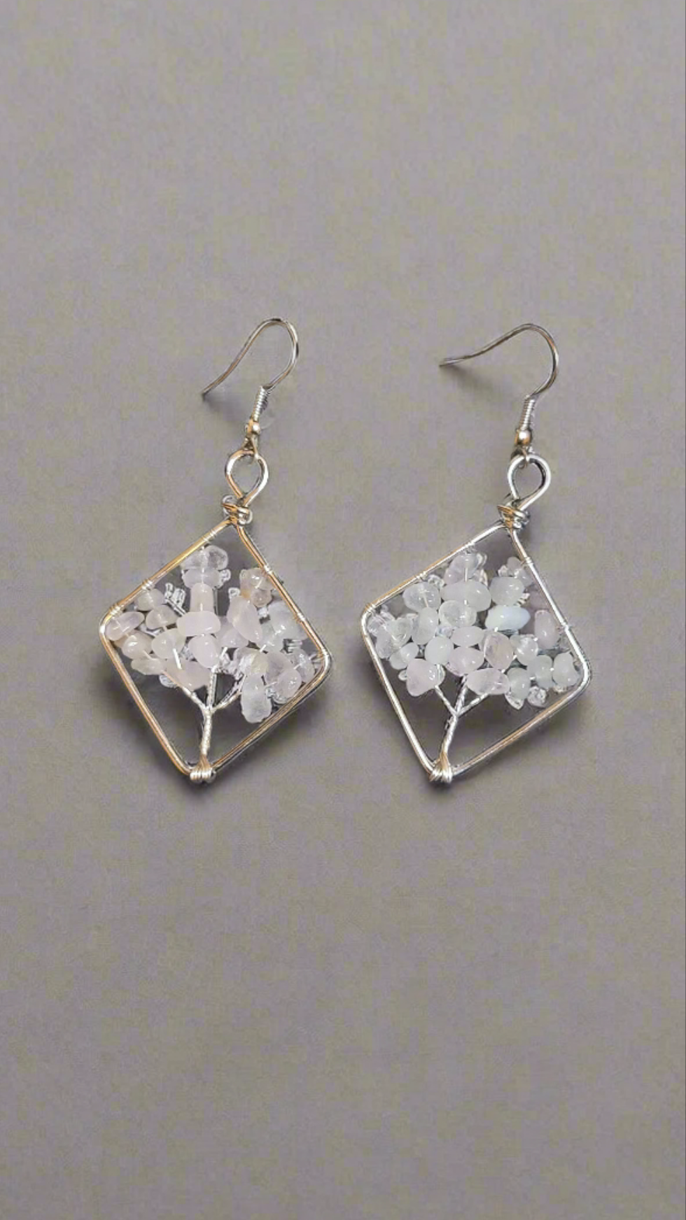 Rock Quartz Wire Wrapped Tree of Life Diamond Shape Necklace and Earring Set