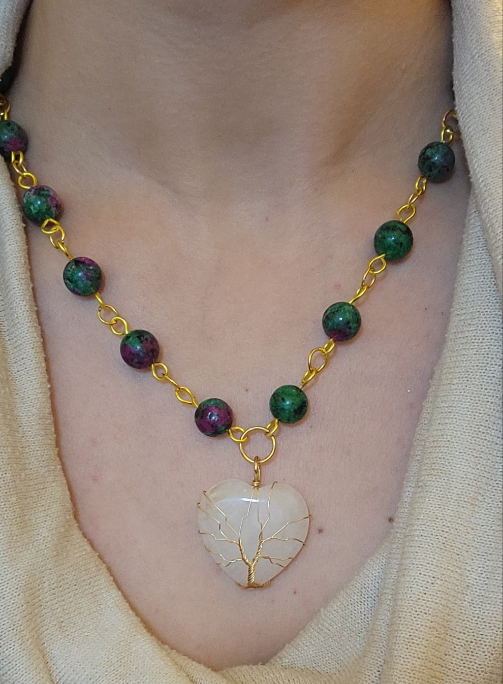 Quartz Tree of Life Heart Anyolite Beaded Pendant