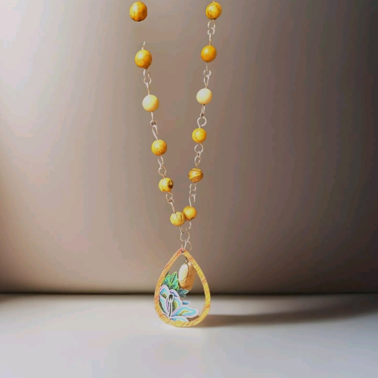 Picture Jasper Bead Link Necklace Heart Charm Teardrop Succulent Wood Pendant