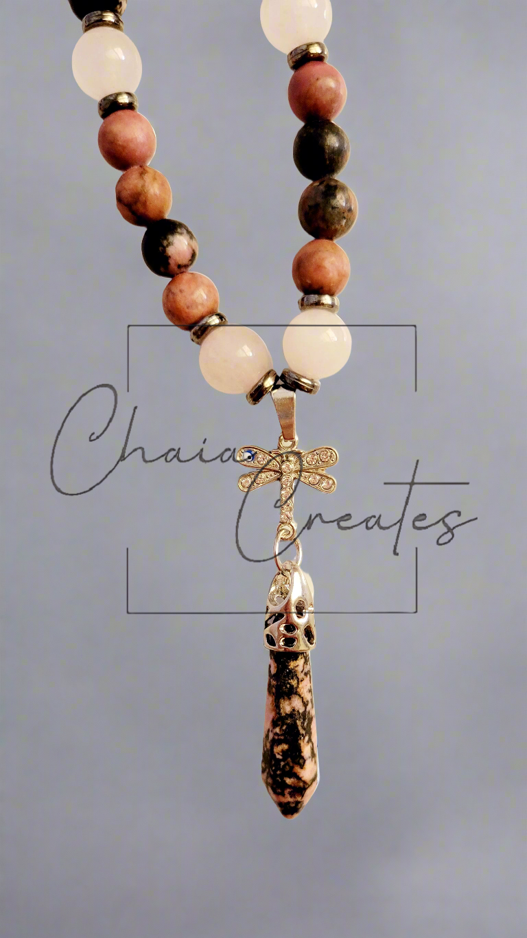 Dragonfly Protection Amulet Rhodonite & Rose Quartz Beaded Necklace