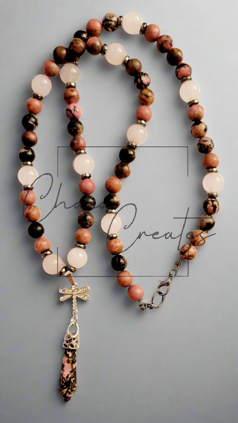 Dragonfly Protection Amulet Rhodonite & Rose Quartz Beaded Necklace