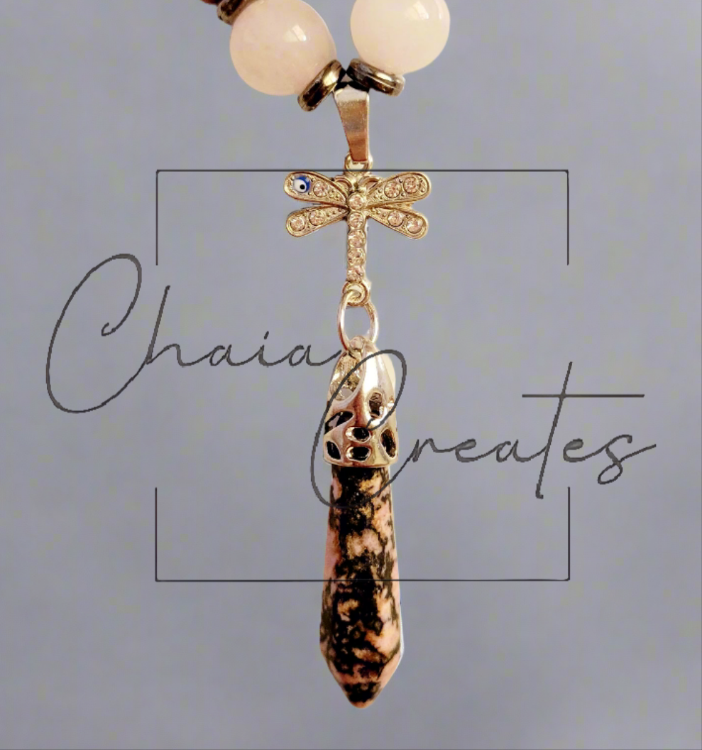 Dragonfly Protection Amulet Rhodonite & Rose Quartz Beaded Necklace