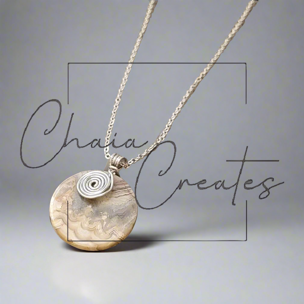 Mexico Crazy Lace Agate Round Disc Pendant Swirls Wire Wrapped Stone Silver Link Necklace Handmade
