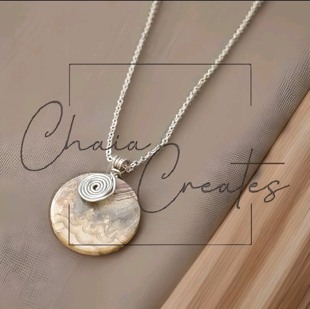 Mexico Crazy Lace Agate Round Disc Pendant Swirls Wire Wrapped Stone Silver Link Necklace Handmade