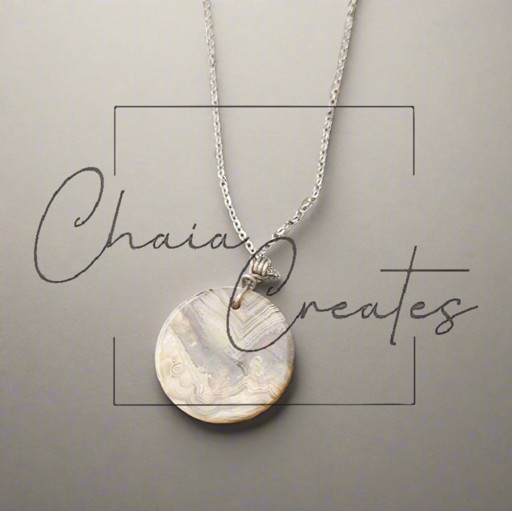 Mexico Crazy Lace Agate Round Disc Pendant Swirls Wire Wrapped Stone Silver Link Necklace Handmade
