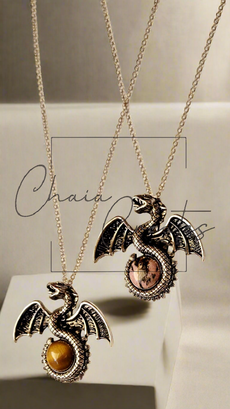 Dragon with Tail Wrapped around Gemstone on Chain Necklace