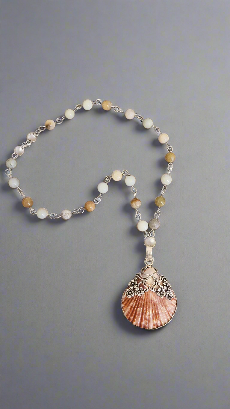 Beachy Agate Necklace with Orange Sea Shell Pendant and Agate Memory Wire Bracelet