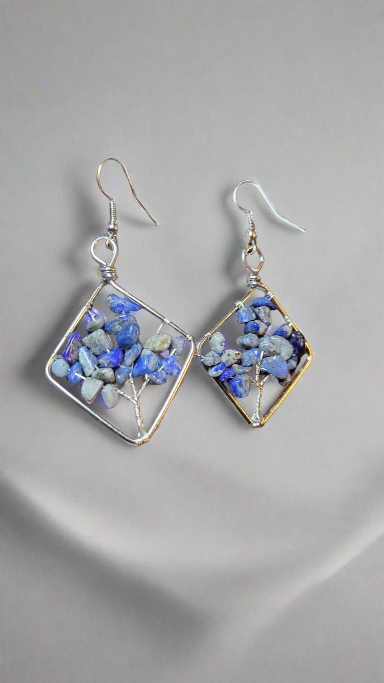 Lapis Lazuli Wire Wrapped Tree of Life Diamond Shape Dangle Earrings