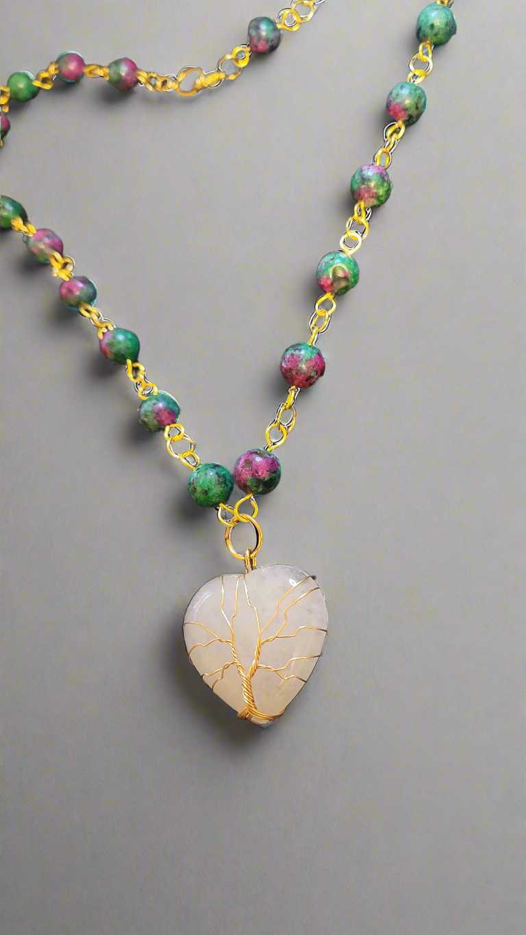 Quartz Tree of Life Heart Anyolite Beaded Pendant