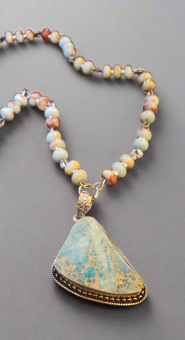 Aqua Blue Sea Sediment Jasper Necklace and Bracelet Set