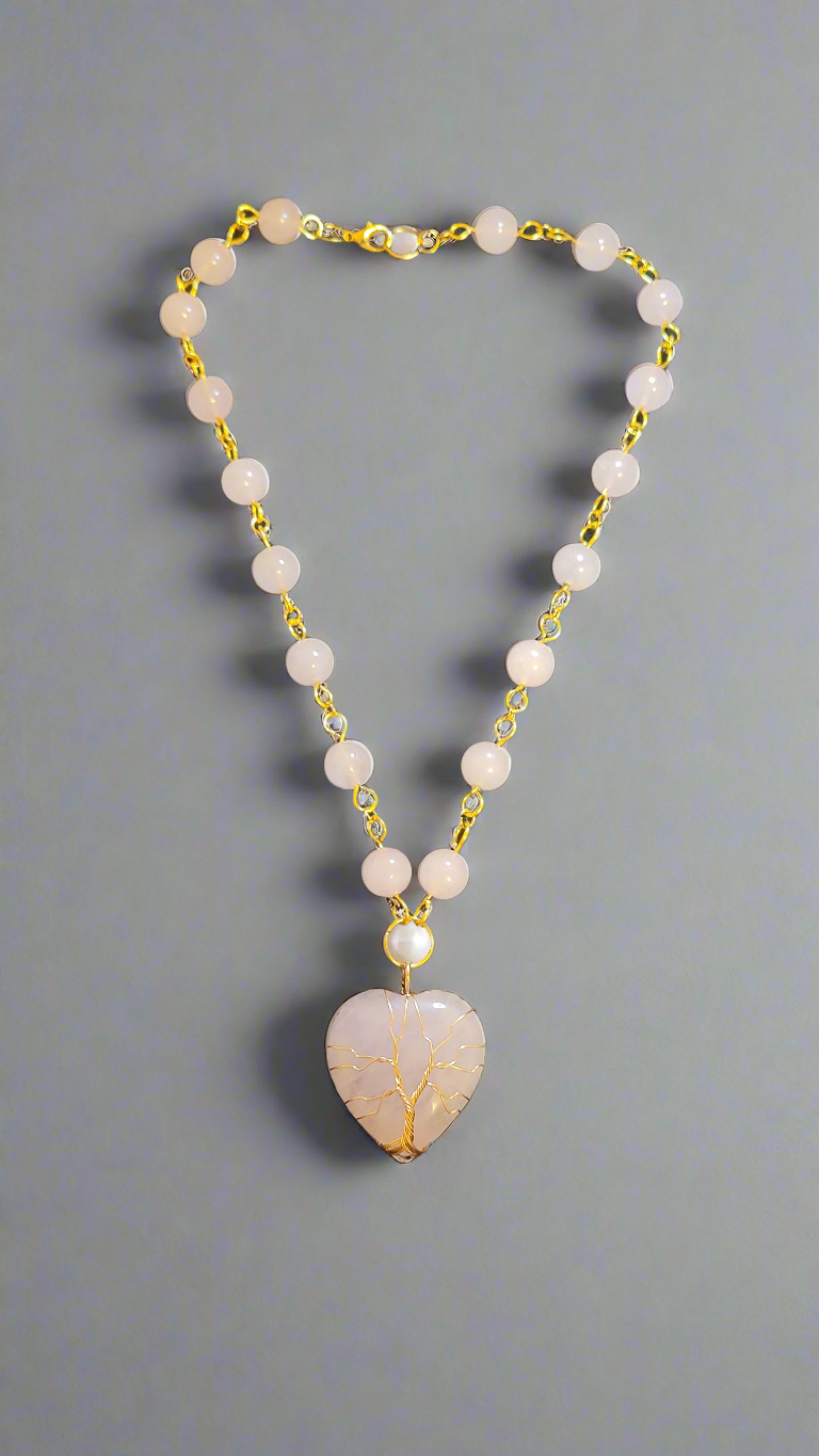 Rose Quartz Tree of Life Heart Beaded Pendant