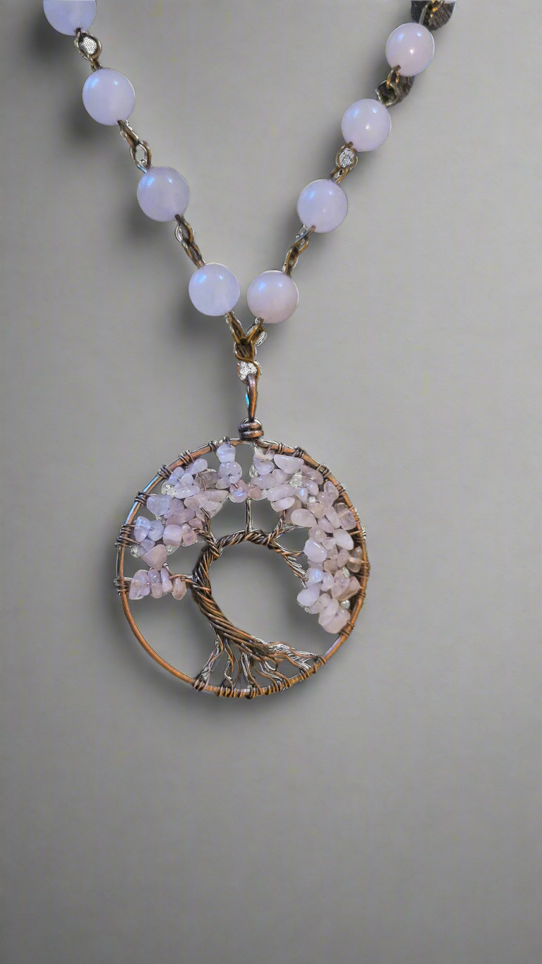 Rose Quartz & Copper Wire Tree of Life Medallion Necklace