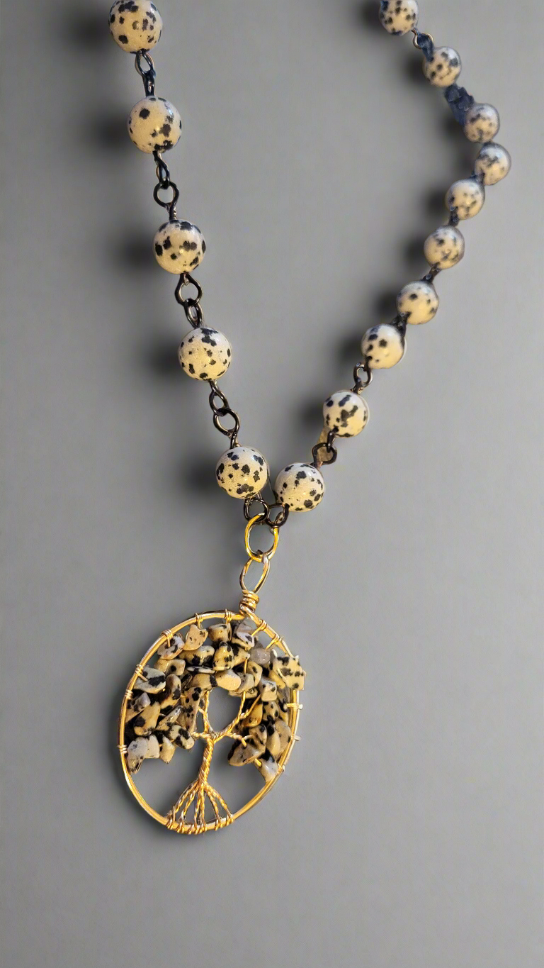 Dalmatian Jasper Wire Wrapped Tree of Life Necklace