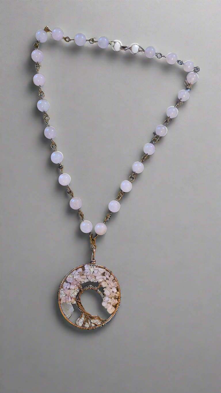 Rose Quartz & Copper Wire Tree of Life Medallion Necklace