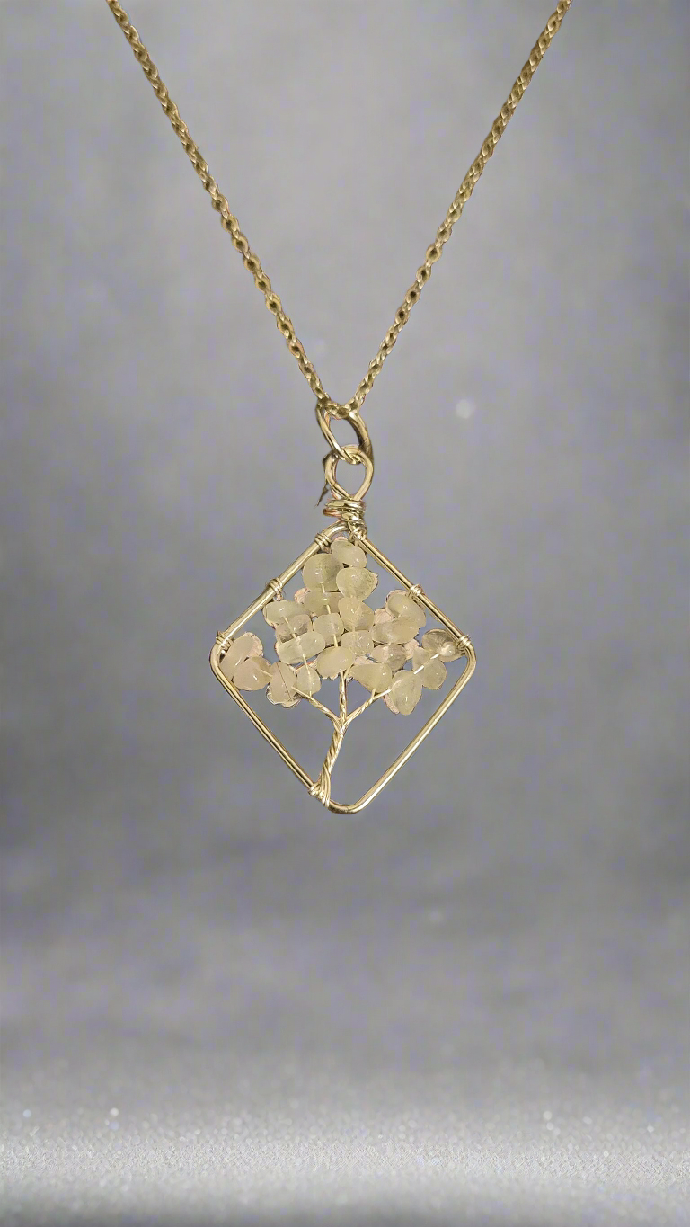 Rock Quartz Wire Wrapped Tree of Life Diamond Shape Necklace and Earring Set