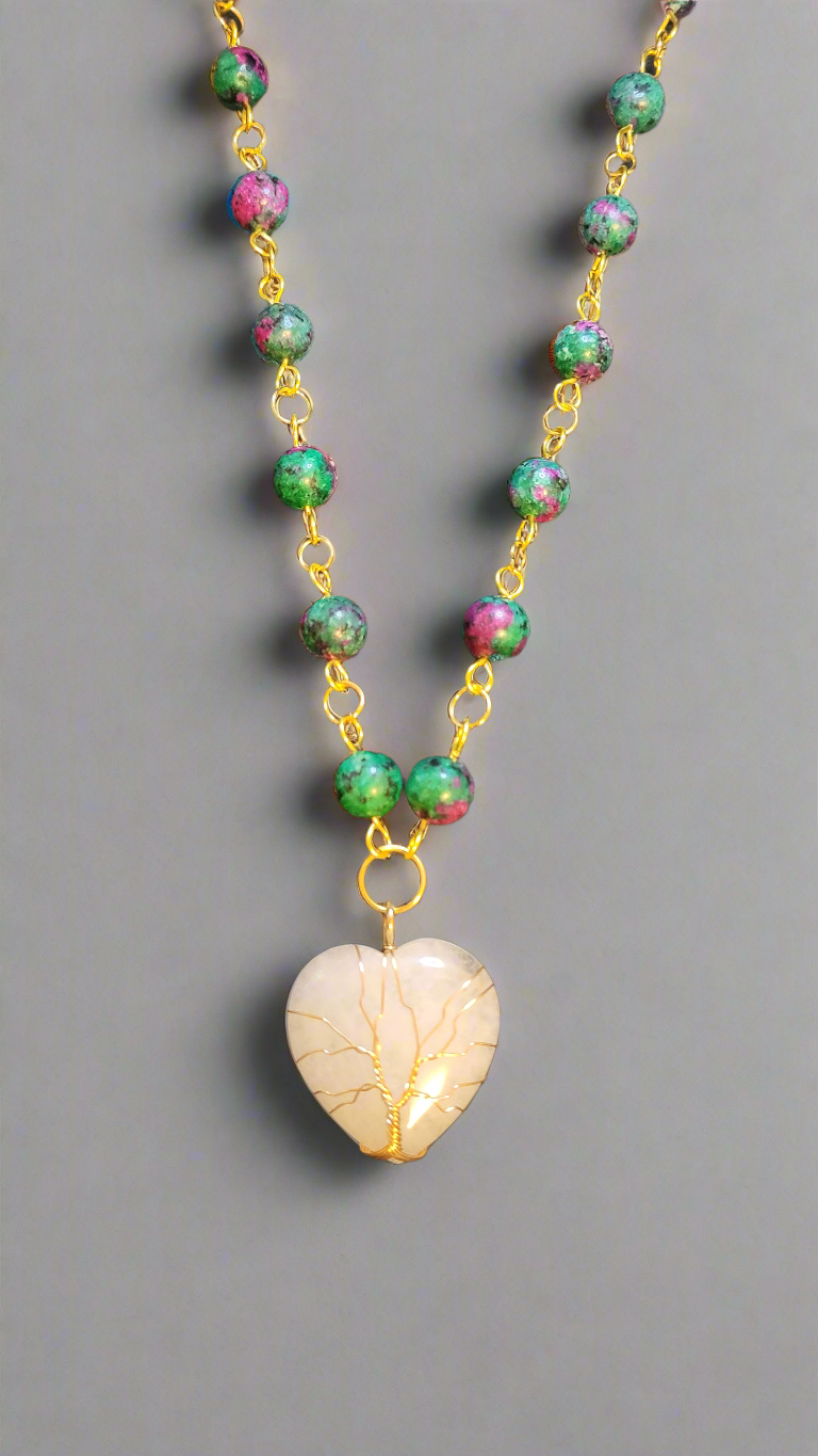 Quartz Tree of Life Heart Anyolite Beaded Pendant