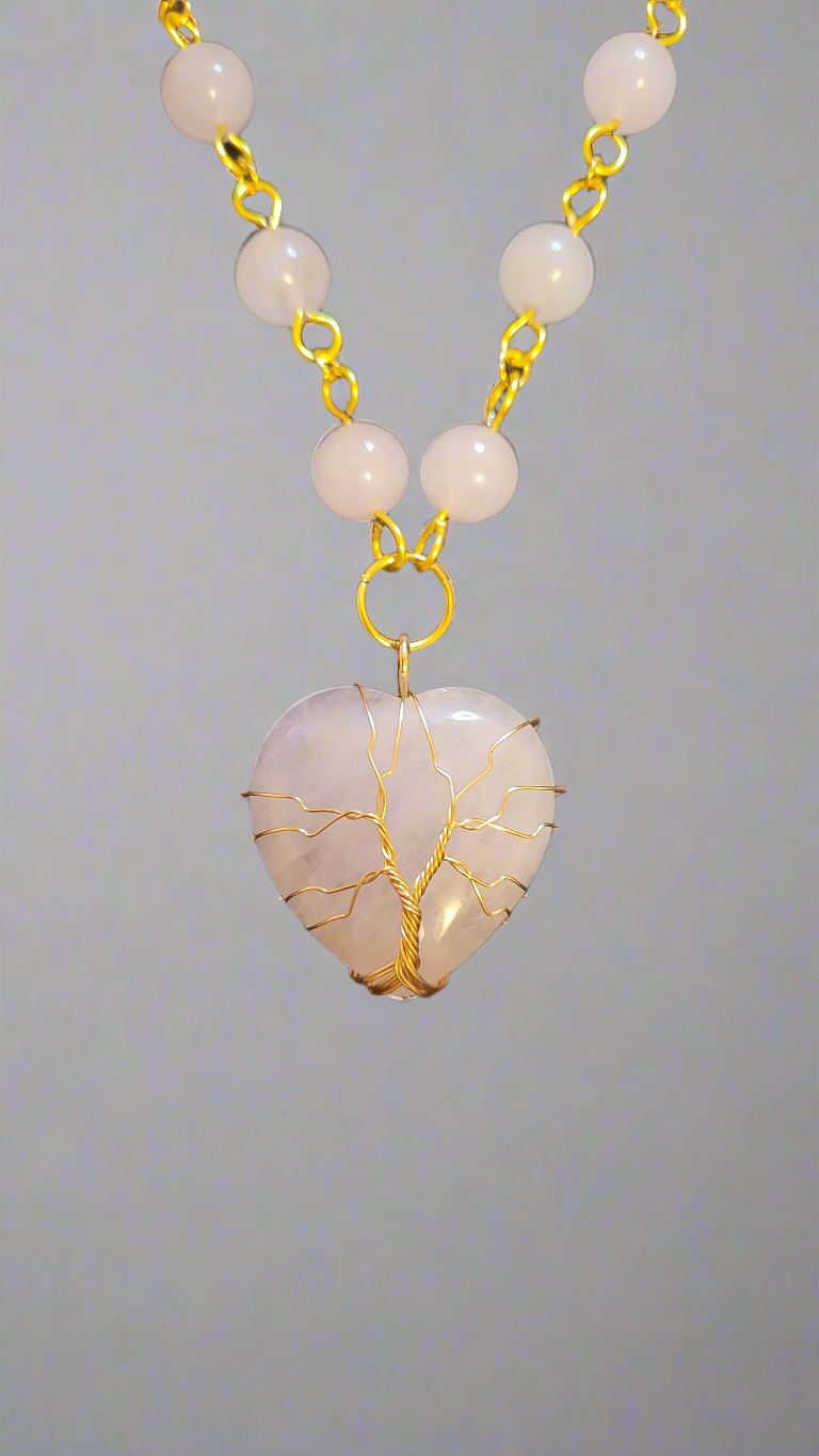 Rose Quartz Tree of Life Heart Beaded Pendant