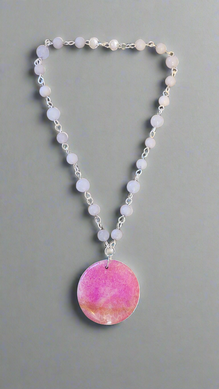 Pink Chrysanthemum Agate on Rose Quartz Link Necklace