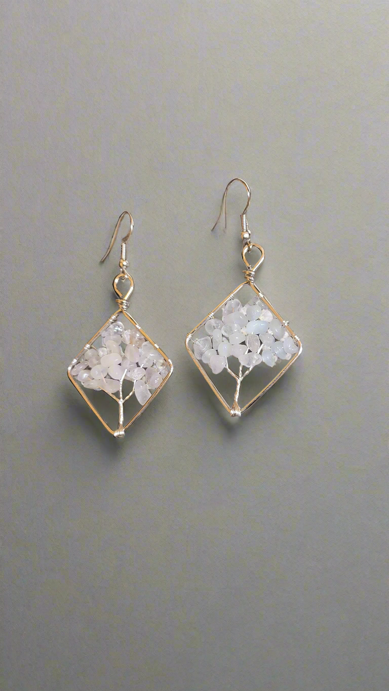Rock Quartz Lazuli Wire Wrapped Tree of Life Diamond Shape Dangle Earrings