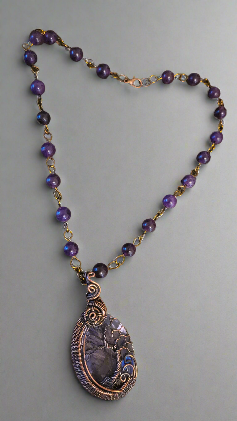 Amethyst & Copper Wire Tree of Life on Amethyst Beaded Necklace