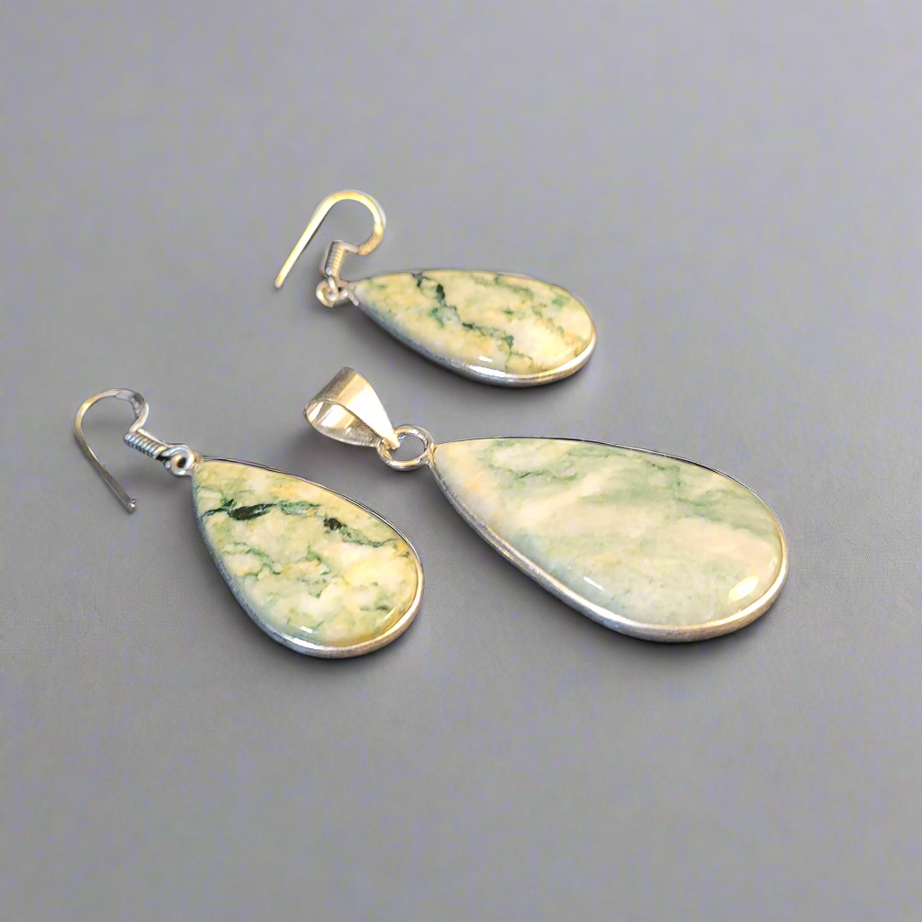 Tree Agate in Sterling Silver Pendant and Earrings Set