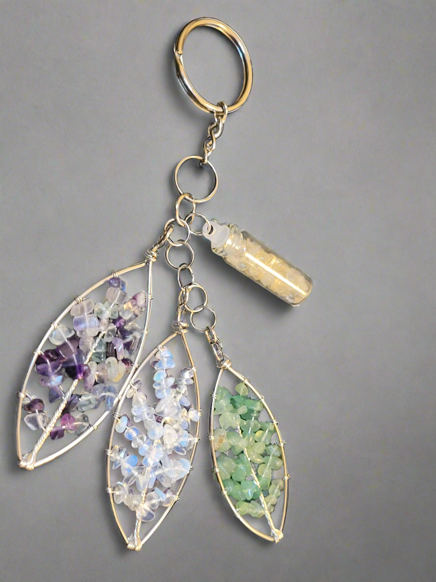 Natural Stone Wire Wrapped Leaf Trio Keychain
