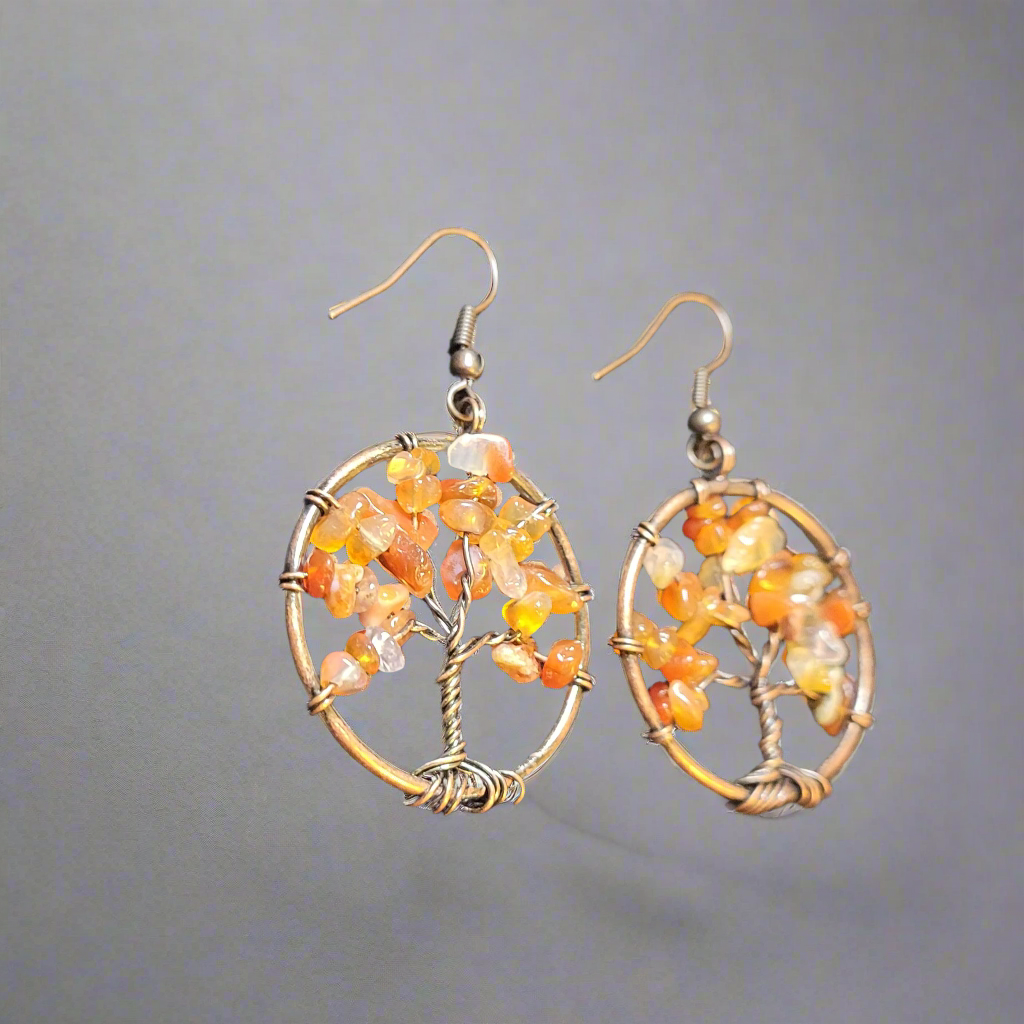 Red Aventurine Copper Wire Wrap Tree Earrings