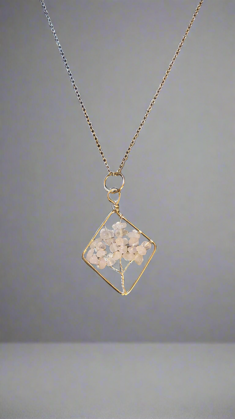 Rock Quartz Wire Wrapped Tree of Life Diamond Shape Necklace and Earring Set