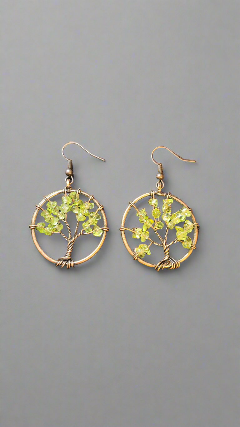 Green Natural Stone Tree of Life Earrings