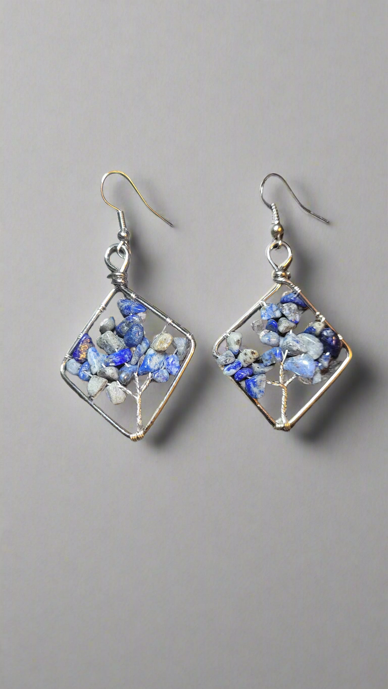 Lapis Lazuli Wire Wrapped Tree of Life Diamond Shape Dangle Earrings