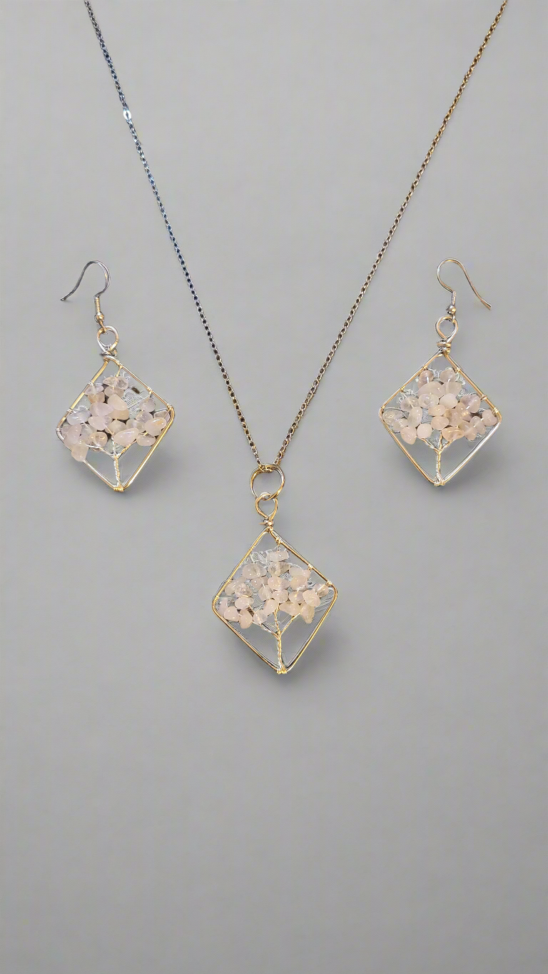 Rock Quartz Wire Wrapped Tree of Life Diamond Shape Necklace and Earring Set