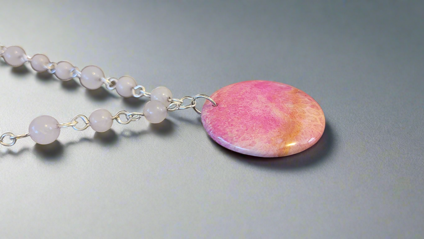 Pink Chrysanthemum Agate on Rose Quartz Link Necklace