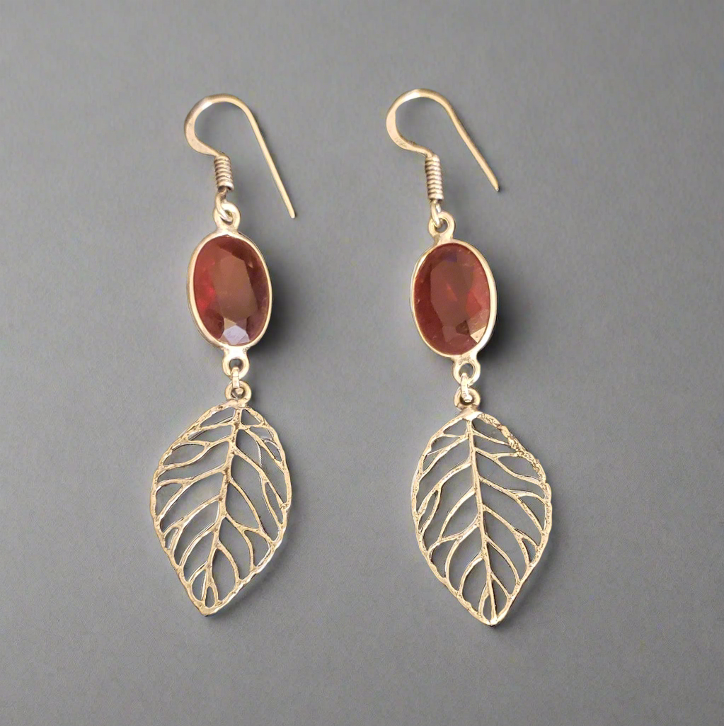 Garnet in Sterling Silver Dangle Leaf Earrings
